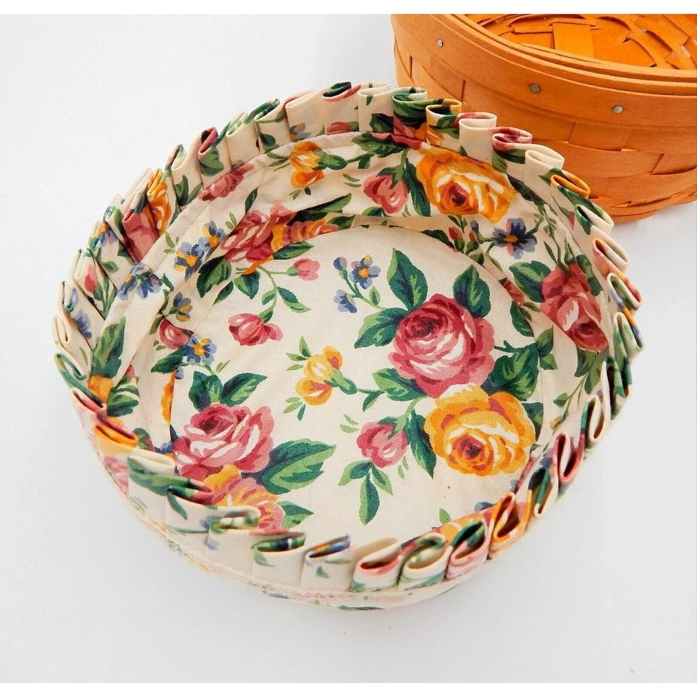 Longerberger 1996 Round Basket Leather Handles Fabric Liner and Warming Brick
